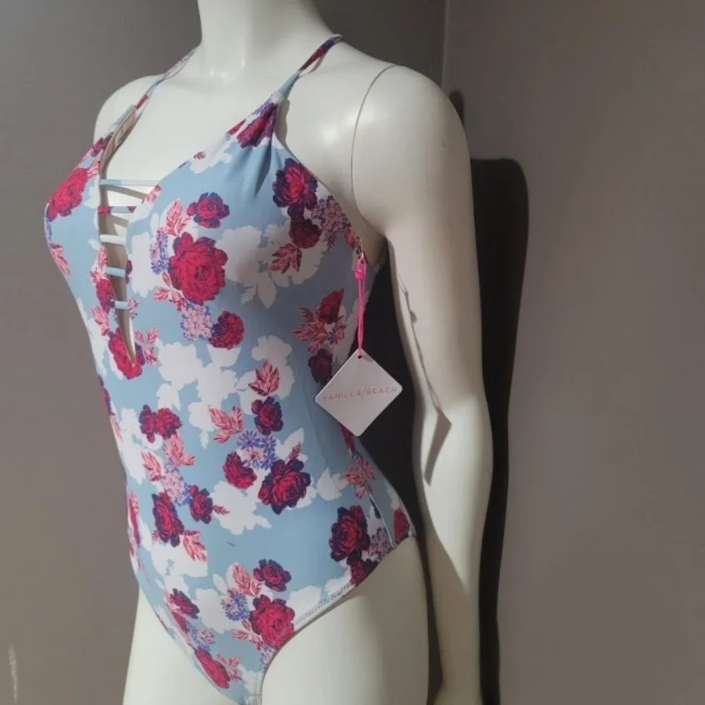 Vanilla Beach One Piece Swimsuit Light Blue Floral - Picture 3 of 8
